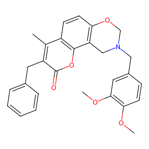 3-benzyl-9-(3,4-dimethoxybenzyl)-4-methyl-9,10-dihydrochromeno[8,7-e][1,3]oxazin-2(8H)-one structure
