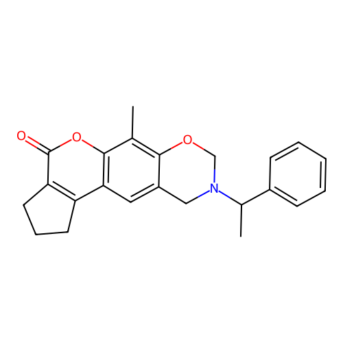 6-methyl-9-(1-phenylethyl)-2,3,9,10-tetrahydro-1H-cyclopenta[3,4]chromeno[6,7-e][1,3]oxazin-4(8H)-one structure
