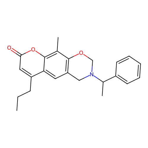 10-methyl-3-(1-phenylethyl)-6-propyl-3,4-dihydrochromeno[6,7-e][1,3]oxazin-8(2H)-one structure