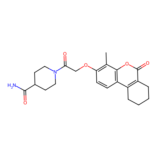 1-(2-((4-methyl-6-oxo-7,8,9,10-tetrahydro-6H-benzo[c]chromen-3-yl)oxy)acetyl)piperidine-4-carboxamide structure