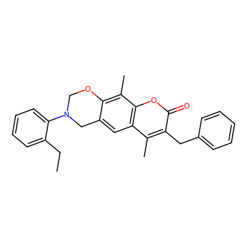 7-benzyl-3-(2-ethylphenyl)-6,10-dimethyl-3,4-dihydrochromeno[6,7-e][1,3]oxazin-8(2H)-one structure