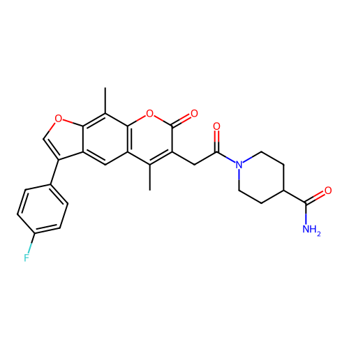 1-(2-(3-(4-fluorophenyl)-5,9-dimethyl-7-oxo-7H-furo[3,2-g]chromen-6-yl)acetyl)piperidine-4-carboxamide structure