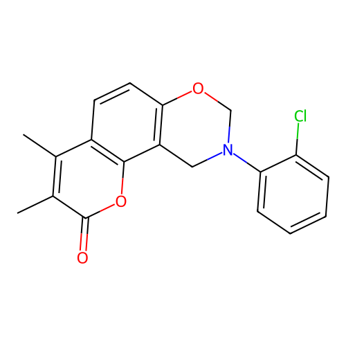 9-(2-chlorophenyl)-3,4-dimethyl-9,10-dihydrochromeno[8,7-e][1,3]oxazin-2(8H)-one structure