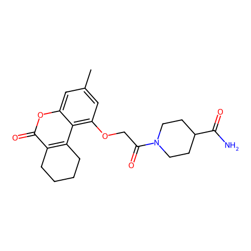 1-(2-((3-methyl-6-oxo-7,8,9,10-tetrahydro-6H-benzo[c]chromen-1-yl)oxy)acetyl)piperidine-4-carboxamide structure