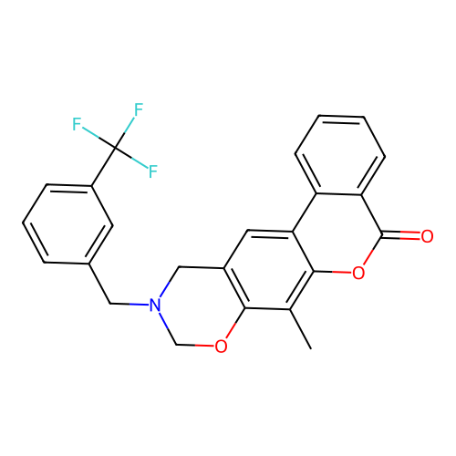 7-methyl-10-(3-(trifluoromethyl)benzyl)-10,11-dihydrobenzo[3,4]chromeno[6,7-e][1,3]oxazin-5(9H)-one structure