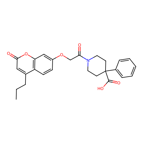 1-(2-((2-oxo-4-propyl-2H-chromen-7-yl)oxy)acetyl)-4-phenylpiperidine-4-carboxylic acid structure
