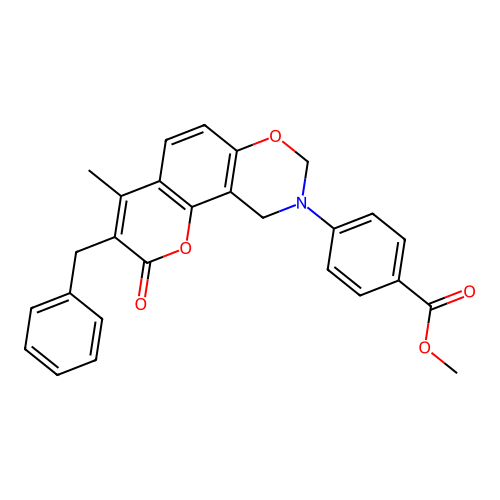 methyl 4-(3-benzyl-4-methyl-2-oxochromeno[8,7-e][1,3]oxazin-9(2H,8H,10H)-yl)benzoate structure