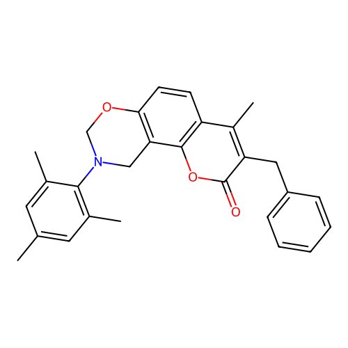 3-benzyl-9-mesityl-4-methyl-9,10-dihydrochromeno[8,7-e][1,3]oxazin-2(8H)-one structure