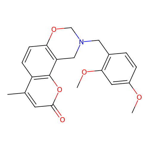9-(2,4-dimethoxybenzyl)-4-methyl-9,10-dihydrochromeno[8,7-e][1,3]oxazin-2(8H)-one structure