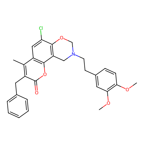 3-benzyl-6-chloro-9-(3,4-dimethoxyphenethyl)-4-methyl-9,10-dihydrochromeno[8,7-e][1,3]oxazin-2(8H)-one structure