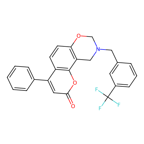 4-phenyl-9-(3-(trifluoromethyl)benzyl)-9,10-dihydrochromeno[8,7-e][1,3]oxazin-2(8H)-one structure