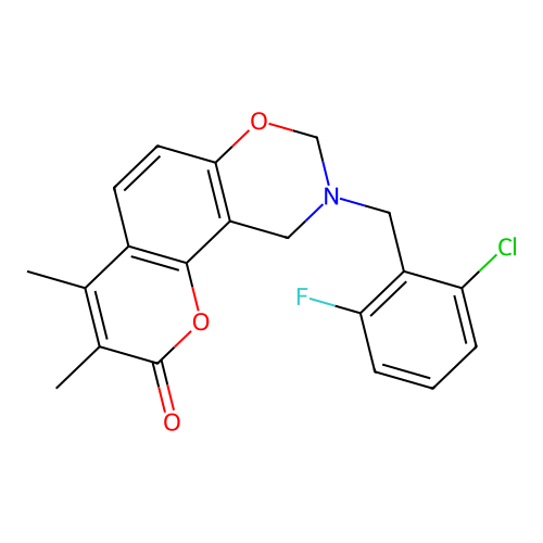 9-(2-chloro-6-fluorobenzyl)-3,4-dimethyl-9,10-dihydro-2H,8H-chromeno[8,7-e][1,3]oxazin-2-one structure
