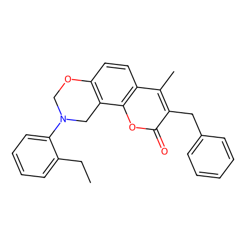 3-benzyl-9-(2-ethylphenyl)-4-methyl-9,10-dihydrochromeno[8,7-e][1,3]oxazin-2(8H)-one structure
