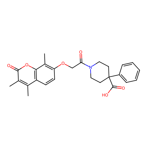 4-phenyl-1-(2-((3,4,8-trimethyl-2-oxo-2H-chromen-7-yl)oxy)acetyl)piperidine-4-carboxylic acid structure