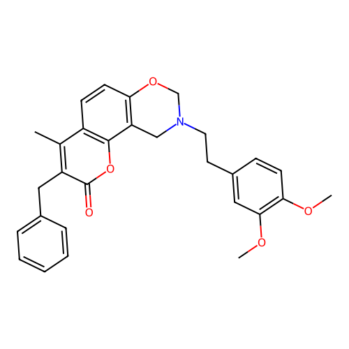 3-benzyl-9-(3,4-dimethoxyphenethyl)-4-methyl-9,10-dihydrochromeno[8,7-e][1,3]oxazin-2(8H)-one structure