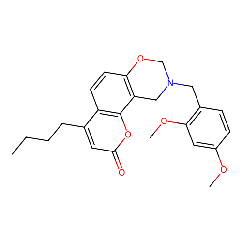 4-butyl-9-(2,4-dimethoxybenzyl)-9,10-dihydrochromeno[8,7-e][1,3]oxazin-2(8H)-one structure
