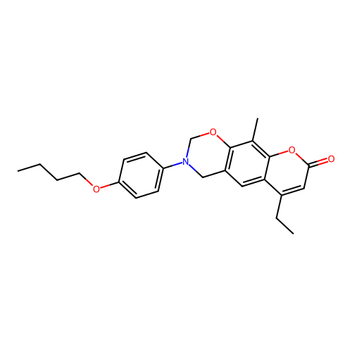 3-(4-butoxyphenyl)-6-ethyl-10-methyl-3,4-dihydrochromeno[6,7-e][1,3]oxazin-8(2H)-one structure