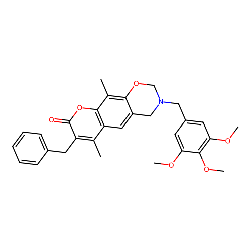 7-benzyl-6,10-dimethyl-3-(3,4,5-trimethoxybenzyl)-3,4-dihydrochromeno[6,7-e][1,3]oxazin-8(2H)-one structure