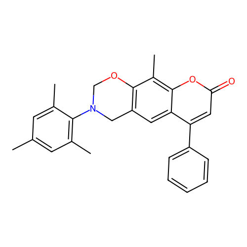 3-mesityl-10-methyl-6-phenyl-3,4-dihydrochromeno[6,7-e][1,3]oxazin-8(2H)-one structure