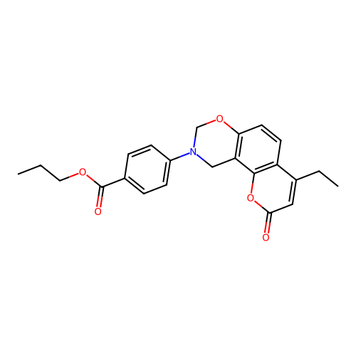 propyl 4-(4-ethyl-2-oxochromeno[8,7-e][1,3]oxazin-9(2H,8H,10H)-yl)benzoate structure