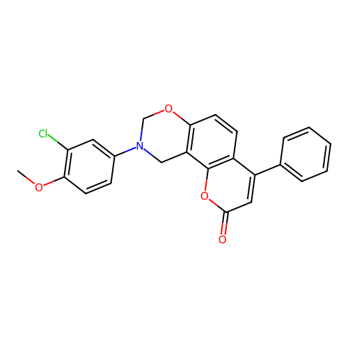 9-(3-chloro-4-methoxyphenyl)-4-phenyl-8,10-dihydropyrano[2,3-f][1,3]benzoxazin-2-one structure