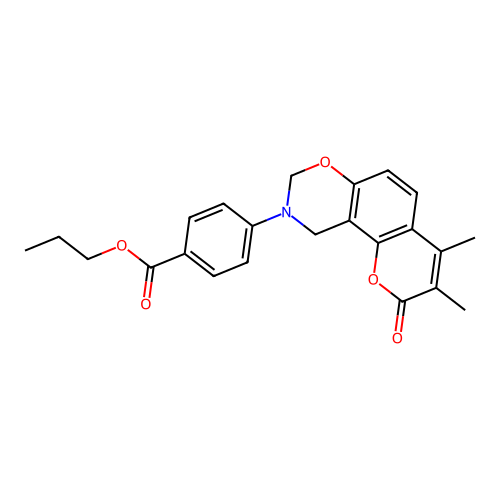 propyl 4-(3,4-dimethyl-2-oxochromeno[8,7-e][1,3]oxazin-9(2H,8H,10H)-yl)benzoate structure