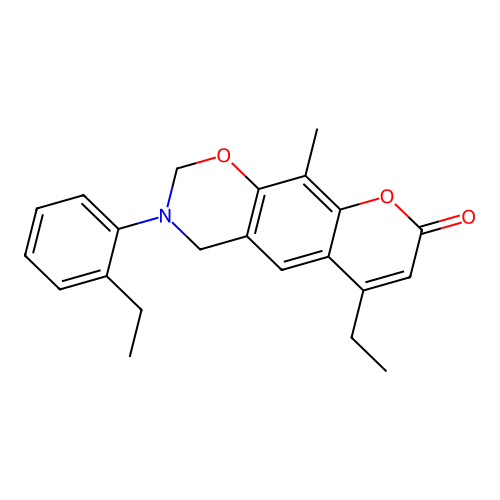 6-ethyl-3-(2-ethylphenyl)-10-methyl-3,4-dihydrochromeno[6,7-e][1,3]oxazin-8(2H)-one structure