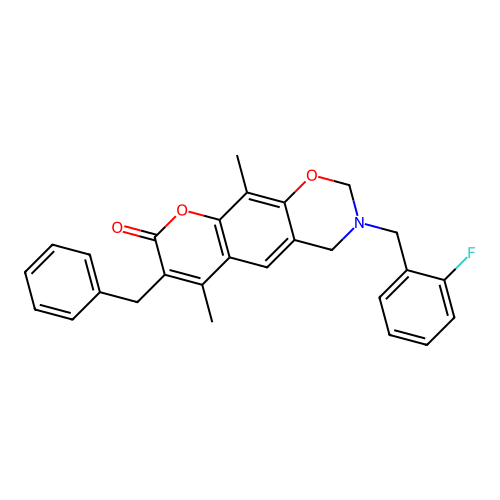 7-benzyl-3-(2-fluorobenzyl)-6,10-dimethyl-3,4-dihydrochromeno[6,7-e][1,3]oxazin-8(2H)-one structure