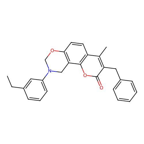 3-benzyl-9-(3-ethylphenyl)-4-methyl-9,10-dihydrochromeno[8,7-e][1,3]oxazin-2(8H)-one structure