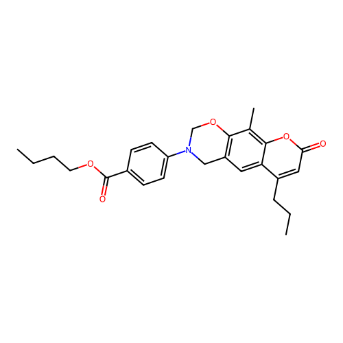 butyl 4-(10-methyl-8-oxo-6-propylchromeno[6,7-e][1,3]oxazin-3(2H,4H,8H)-yl)benzoate structure