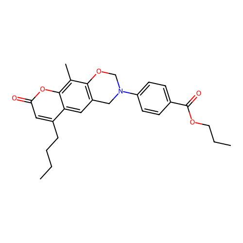 propyl 4-(6-butyl-10-methyl-8-oxochromeno[6,7-e][1,3]oxazin-3(2H,4H,8H)-yl)benzoate structure
