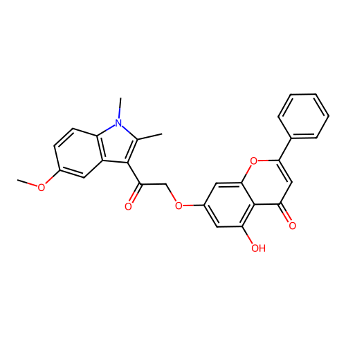 5-hydroxy-7-(2-(5-methoxy-1,2-dimethyl-1H-indol-3-yl)-2-oxoethoxy)-2-phenyl-4H-chromen-4-one structure