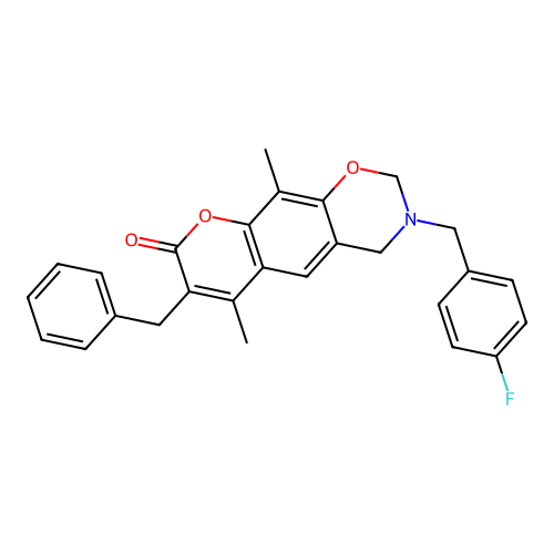 7-benzyl-3-(4-fluorobenzyl)-6,10-dimethyl-3,4-dihydrochromeno[6,7-e][1,3]oxazin-8(2H)-one structure