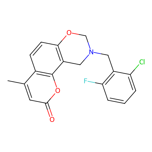 9-(2-chloro-6-fluorobenzyl)-4-methyl-9,10-dihydrochromeno[8,7-e][1,3]oxazin-2(8H)-one structure