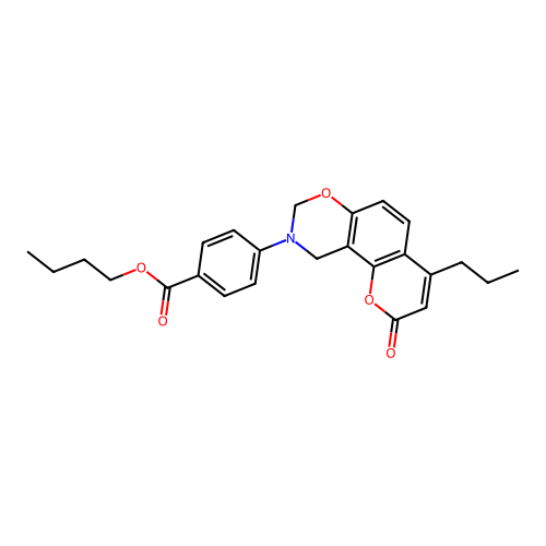 butyl 4-(2-oxo-4-propylchromeno[8,7-e][1,3]oxazin-9(2H,8H,10H)-yl)benzoate structure