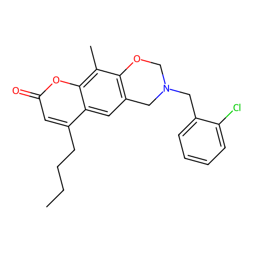 6-butyl-3-(2-chlorobenzyl)-10-methyl-3,4-dihydrochromeno[6,7-e][1,3]oxazin-8(2H)-one structure