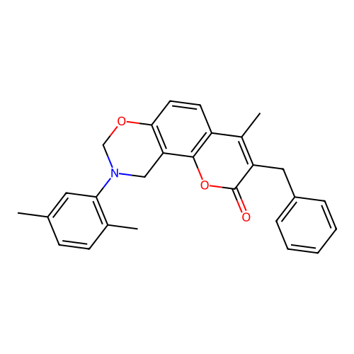 3-benzyl-9-(2,5-dimethylphenyl)-4-methyl-9,10-dihydrochromeno[8,7-e][1,3]oxazin-2(8H)-one structure