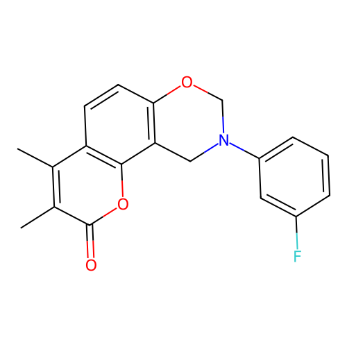 9-(3-fluorophenyl)-3,4-dimethyl-9,10-dihydrochromeno[8,7-e][1,3]oxazin-2(8H)-one structure