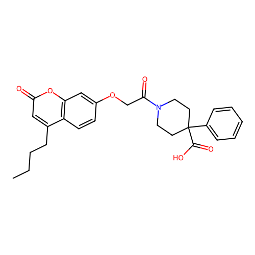 1-(2-((4-butyl-2-oxo-2H-chromen-7-yl)oxy)acetyl)-4-phenylpiperidine-4-carboxylic acid structure