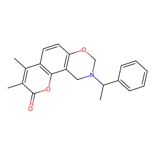 3,4-dimethyl-9-(1-phenylethyl)-9,10-dihydrochromeno[8,7-e][1,3]oxazin-2(8H)-one structure