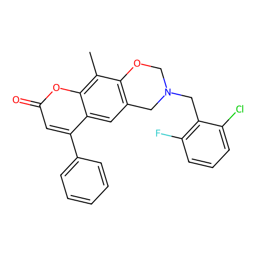 3-(2-chloro-6-fluorobenzyl)-10-methyl-6-phenyl-3,4-dihydrochromeno[6,7-e][1,3]oxazin-8(2H)-one structure
