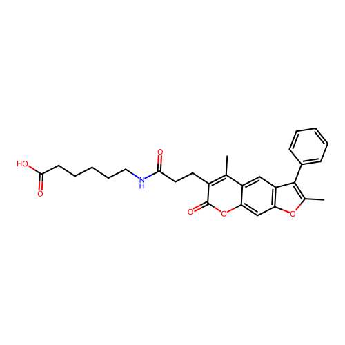 6-(3-(2,5-dimethyl-7-oxo-3-phenyl-7H-furo[3,2-g]chromen-6-yl)propanamido)hexanoic acid structure