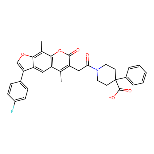 1-(2-(3-(4-fluorophenyl)-5,9-dimethyl-7-oxo-7H-furo[3,2-g]chromen-6-yl)acetyl)-4-phenylpiperidine-4-carboxylic acid structure