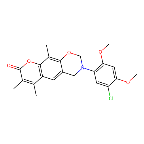 3-(5-chloro-2,4-dimethoxyphenyl)-6,7,10-trimethyl-3,4-dihydrochromeno[6,7-e][1,3]oxazin-8(2H)-one structure