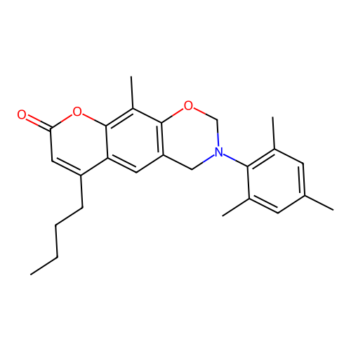 6-butyl-3-mesityl-10-methyl-3,4-dihydrochromeno[6,7-e][1,3]oxazin-8(2H)-one structure