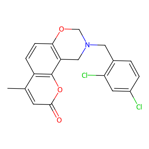 9-(2,4-dichlorobenzyl)-4-methyl-9,10-dihydrochromeno[8,7-e][1,3]oxazin-2(8H)-one structure