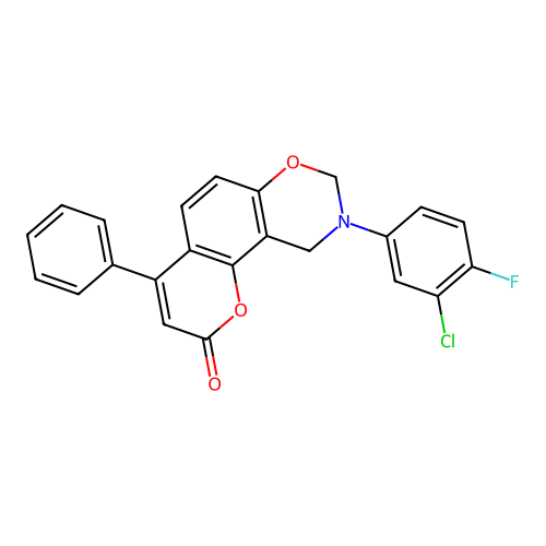 9-(3-chloro-4-fluorophenyl)-4-phenyl-9,10-dihydrochromeno[8,7-e][1,3]oxazin-2(8H)-one structure