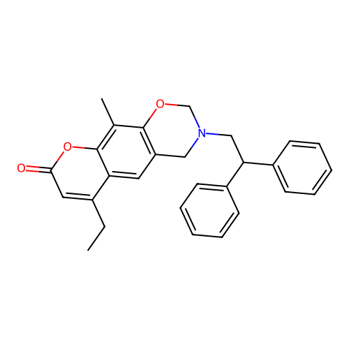 3-(2,2-diphenylethyl)-6-ethyl-10-methyl-3,4-dihydrochromeno[6,7-e][1,3]oxazin-8(2H)-one structure