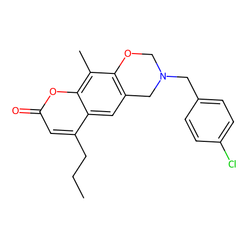 3-(4-chlorobenzyl)-10-methyl-6-propyl-3,4-dihydrochromeno[6,7-e][1,3]oxazin-8(2H)-one structure