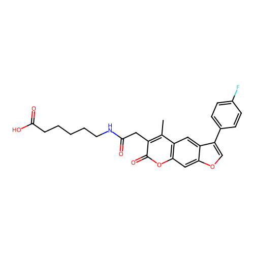 6-(2-(3-(4-fluorophenyl)-5-methyl-7-oxo-7H-furo[3,2-g]chromen-6-yl)acetamido)hexanoic acid structure
